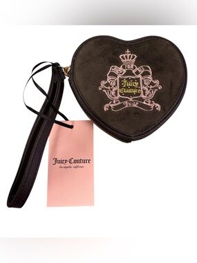 Juicy Couture Black Heart Wristlet with Pink Crest Embroidery
